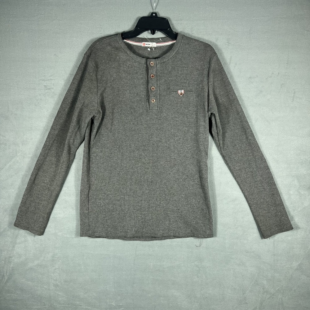 H2H Men's Long Sleeve Henley T-Shirt US L Charcoal Grey Waffle Knit Thermal
